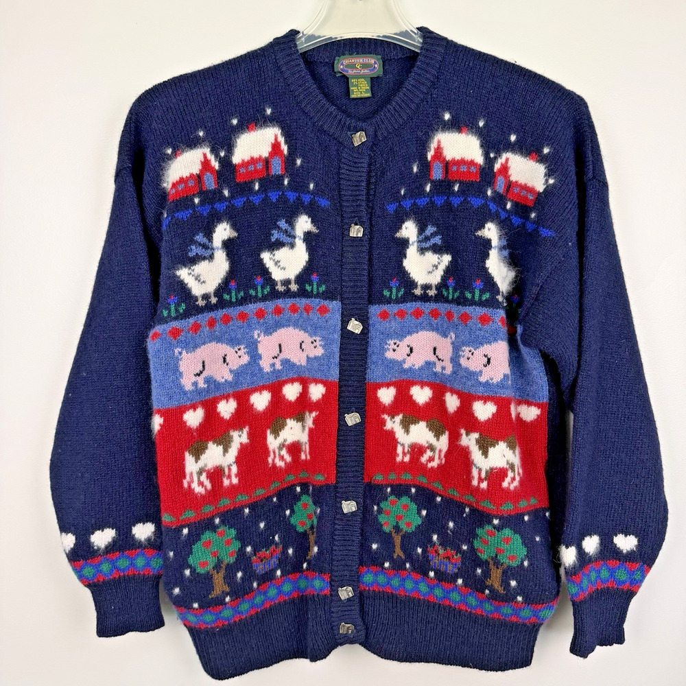 Vintage 90s Charter Club Wool Cardigan Women’s L Navy Cottagecore Farm Animals